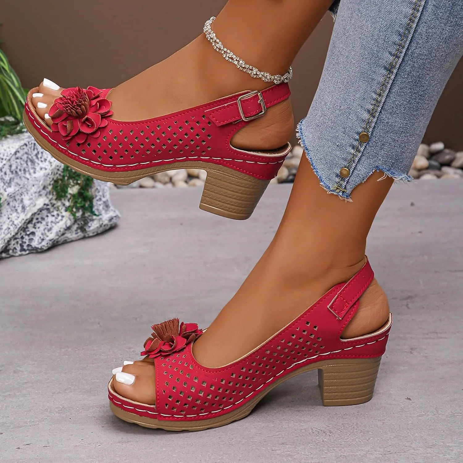 ZSpzx Womens Open Toe Chunky Heel Ankle Strap Shoes Block Mid Hollow Out Slingback Sandals Comfort Dressy Fish Mouth Heels Straps Flowers Comfortable Sandal Summer Low Adjustable Walking Sandals
