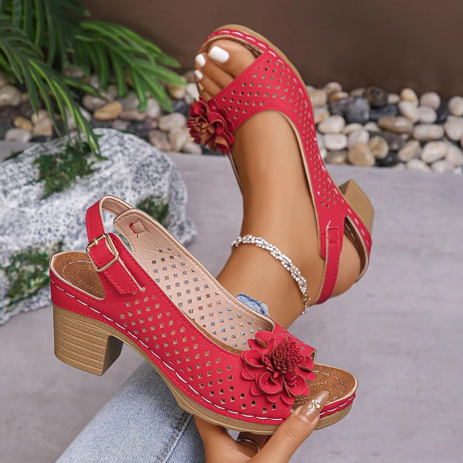ZSpzx Womens Open Toe Chunky Heel Ankle Strap Shoes Block Mid Hollow Out Slingback Sandals Comfort Dressy Fish Mouth Heels Straps Flowers Comfortable Sandal Summer Low Adjustable Walking Sandals