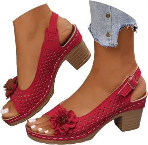 ZSpzx Womens Open Toe Chunky Heel Ankle Strap Shoes Block Mid Hollow Out Slingback Sandals Comfort Dressy Fish Mouth Heels Straps Flowers Comfortable Sandal Summer Low Adjustable Walking Sandals