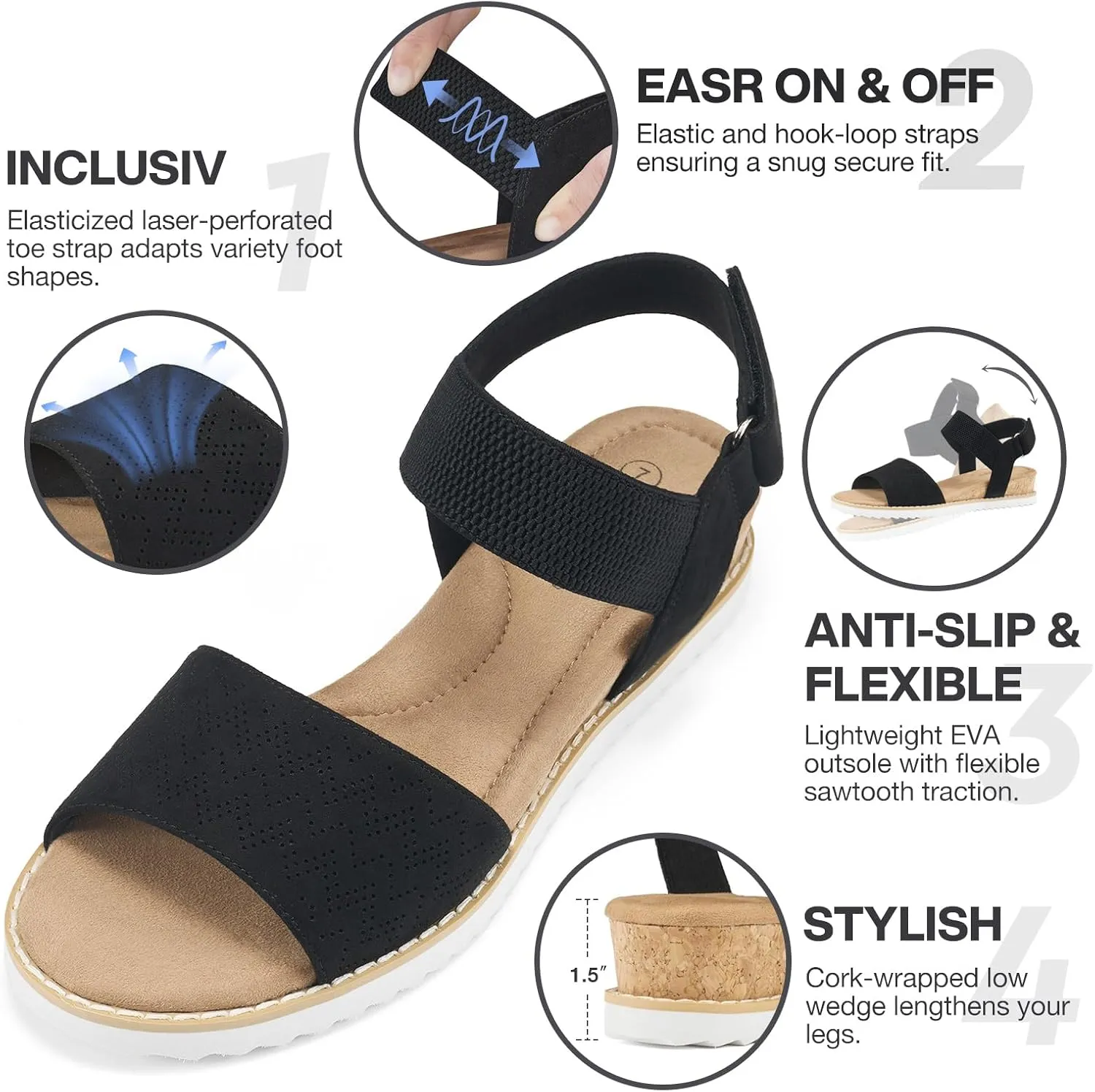 ZURIN Womens Comfortable Flat Sandals Open Toe Elastic Ankle Strap Low Wedge Sandals for Women Casual Dressy Summer