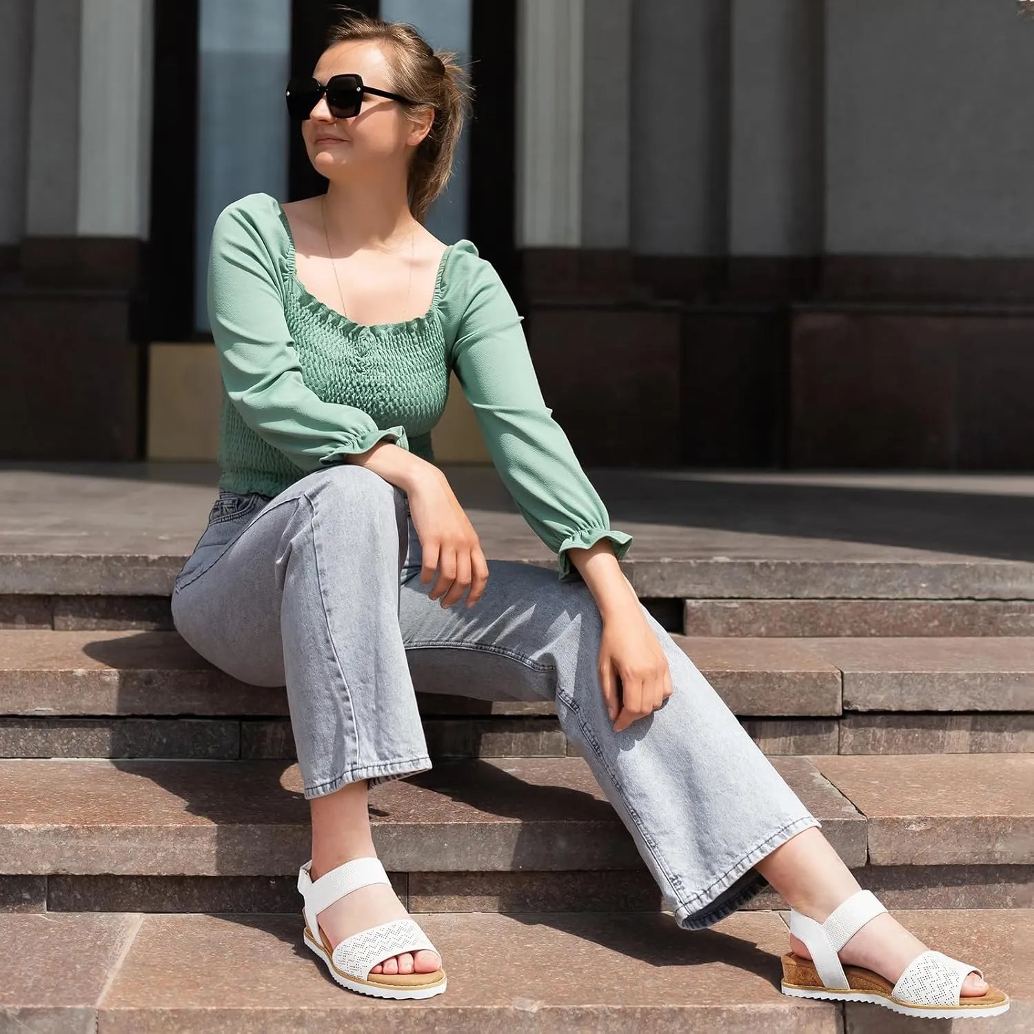 ZURIN Womens Comfortable Flat Sandals Open Toe Elastic Ankle Strap Low Wedge Sandals for Women Casual Dressy Summer