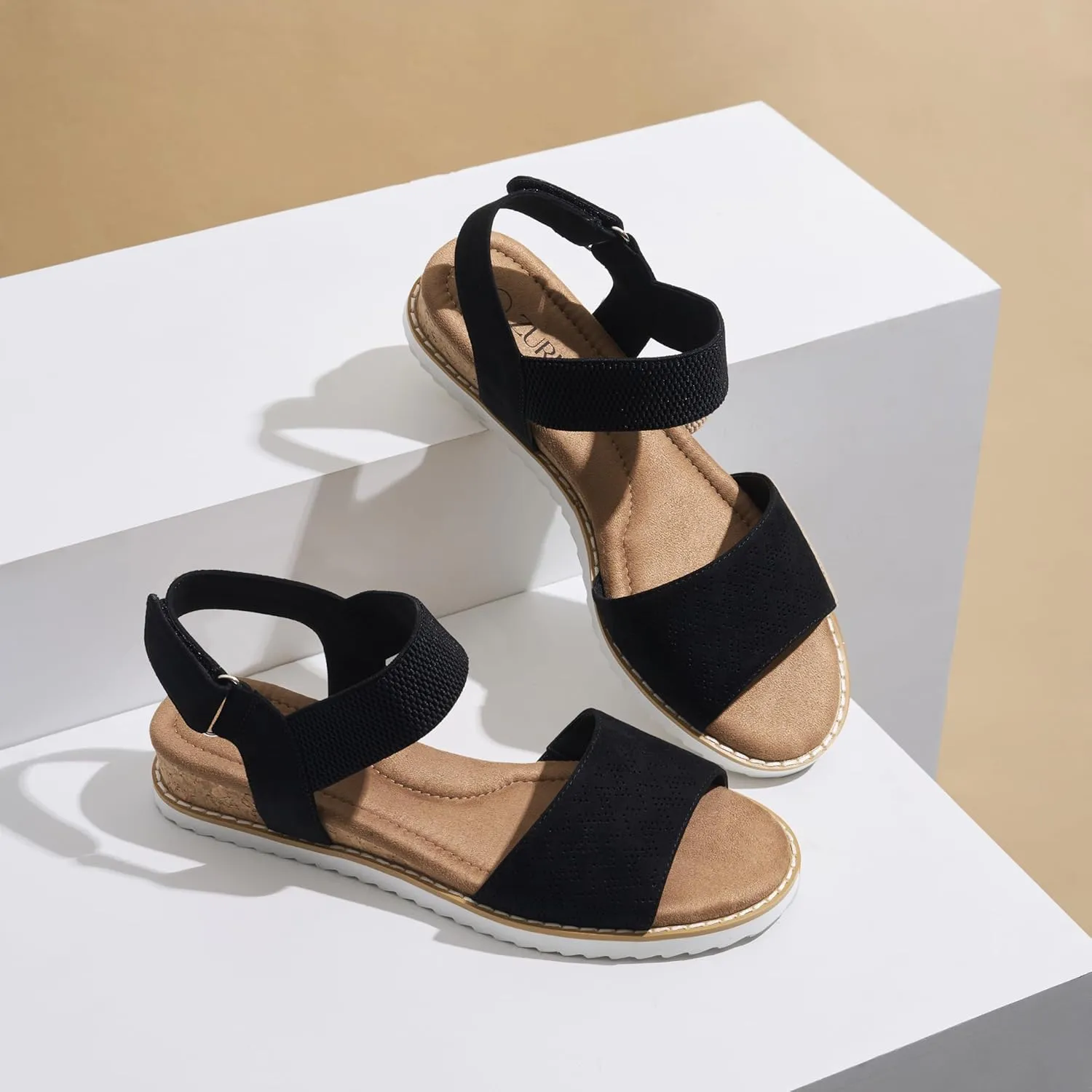 ZURIN Womens Comfortable Flat Sandals Open Toe Elastic Ankle Strap Low Wedge Sandals for Women Casual Dressy Summer