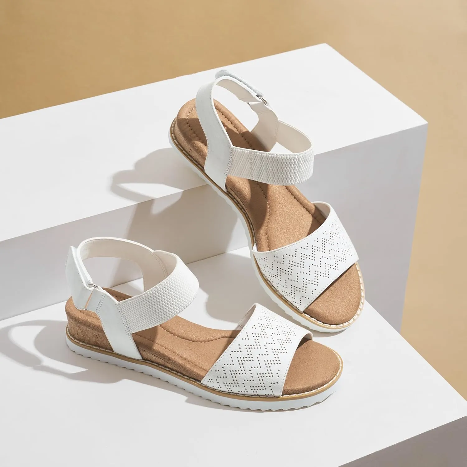 ZURIN Womens Comfortable Flat Sandals Open Toe Elastic Ankle Strap Low Wedge Sandals for Women Casual Dressy Summer