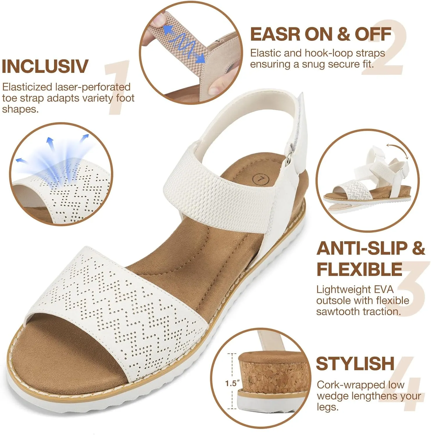 ZURIN Womens Comfortable Flat Sandals Open Toe Elastic Ankle Strap Low Wedge Sandals for Women Casual Dressy Summer